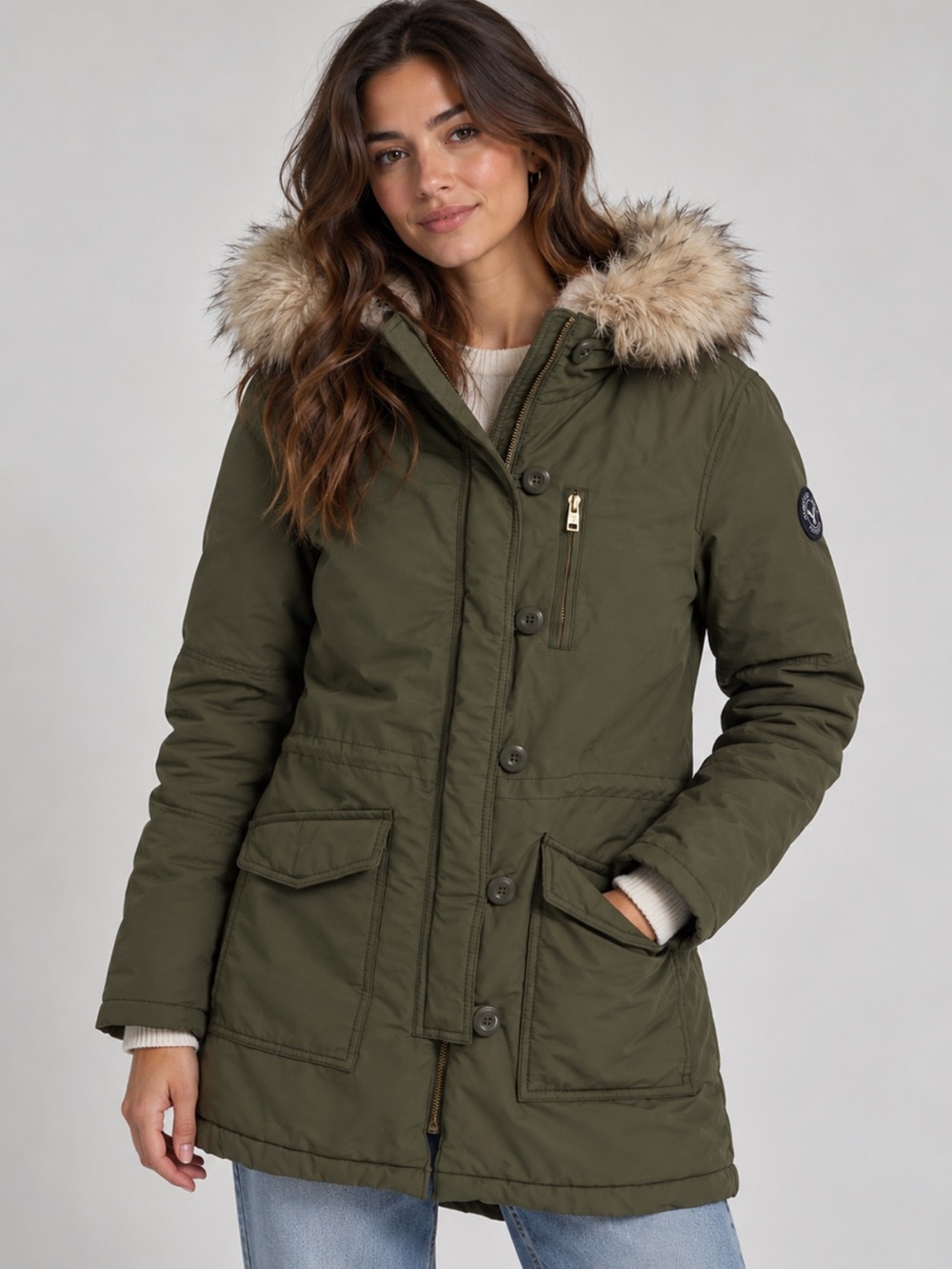 American Eagle Olive Green Faux Fur Hooded Parka Jacket S Gorpcore Utility Coat